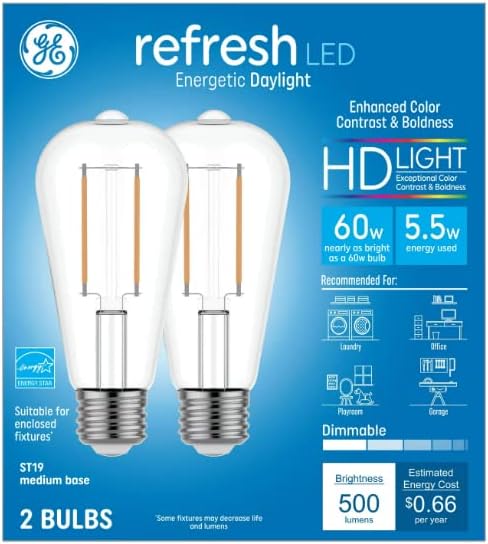 Декоративна Крушка GE Refresh LED Vintage Мощност 60 W, Еквивалентна Дневна светлина, с регулируема яркост (2 опаковки)
