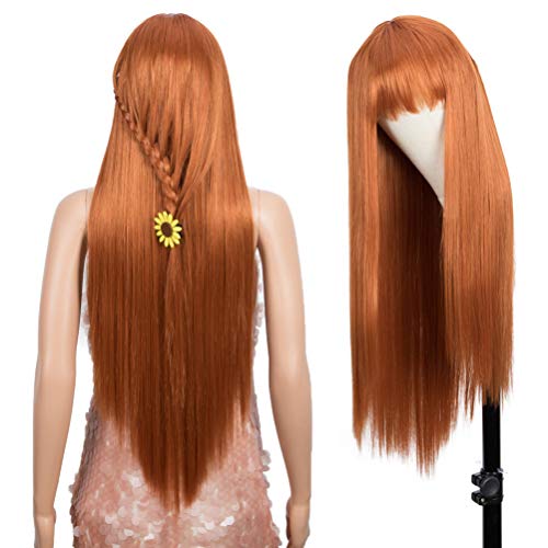 Икона на стила 32 Дълга права перука с плосък бретон, синтетични перуки оранжев цвят, всекидневни перука перука за cosplay