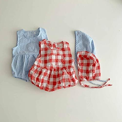 Облекло за новородени момичета, всекидневни Гащеризон без ръкави с U-образно деколте и принтом в ивица в клетката + Шапка