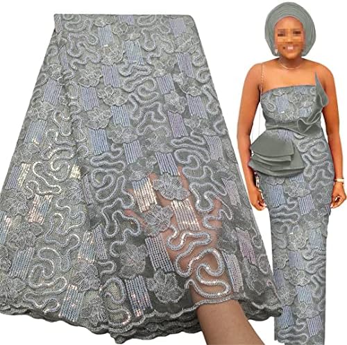 Африканска лейси кърпа 5 ярда, френски тюл, бродерия пайети, дантели за дрехи за сватбената церемония в нигерия стил