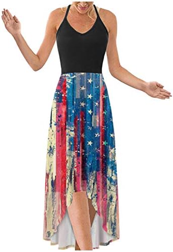 Женствена рокля на бретелях iQKA от 4 юли, midi-рокля с звездно-раиран принтом под флага на САЩ, лятна дълга рокля без