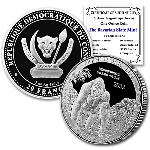 Монета 2022 CD 1 унция Конго сребърен гигантопитек (Маймуна) - серия Доисторическая живот, Брилянт, без лечение (БУ в капсула), със сертификат за автентичност от 20 франка