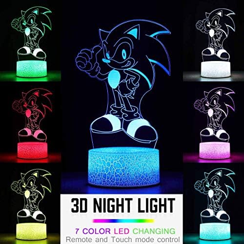 3D Иллюзионный лека нощ Sonic на Таралеж, Аниме Настолна Лампа с Дистанционно управление, Умен Докосване и Таймер, Украса за Детската Спалня, Рожден Възраст 2 3 4 5 6 7+ Под?