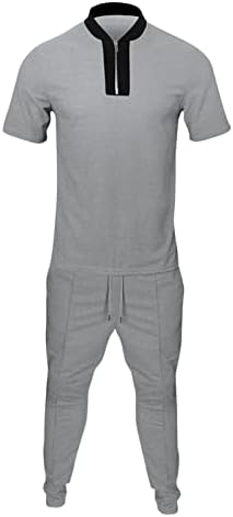 WALLDOR/Мъжки Летни Комплекти от 2 теми, Ежедневни Риза с къс ръкав с цип и V-образно деколте, Стегнати Панталони, Модерни