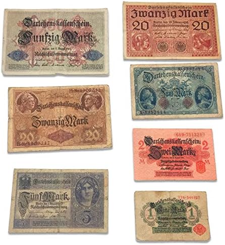 Колекция на Германската империя времето на Първата световна война - 7 банкноти, издадени от 1914 до 1918 година. Приложен