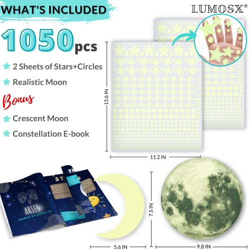 LUMOSX Светят в тъмното Звезди - 1050 бр. с бонус електронна книга Съзвездия и Луни за декор на тавана | Светещи в Тъмното